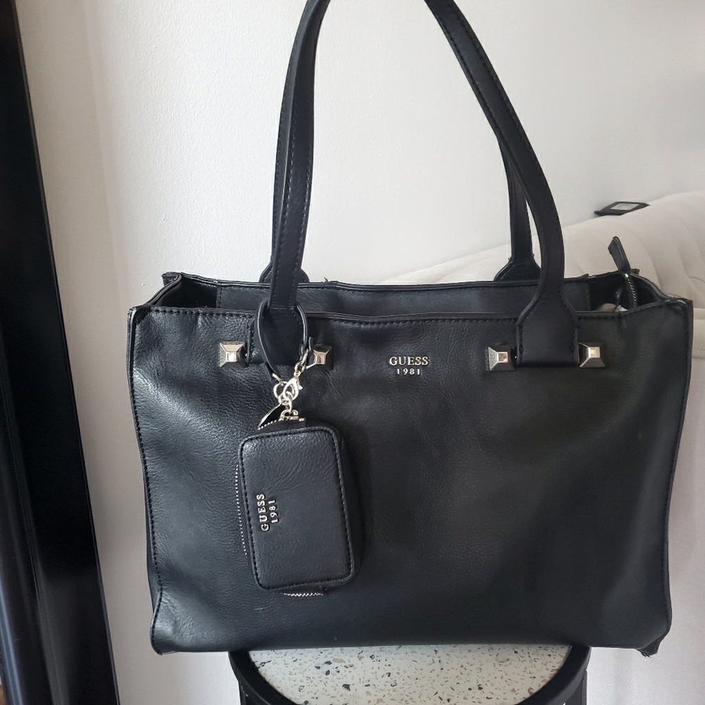 Guess Tote Bag Black Leather Silver Hardware